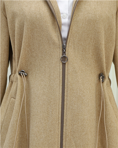 Kapşonlu Beli Lastikli Cepli Kaşe Kaban -Vizon