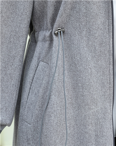 Kapşonlu Beli Lastikli Cepli Kaşe Kaban -Gri