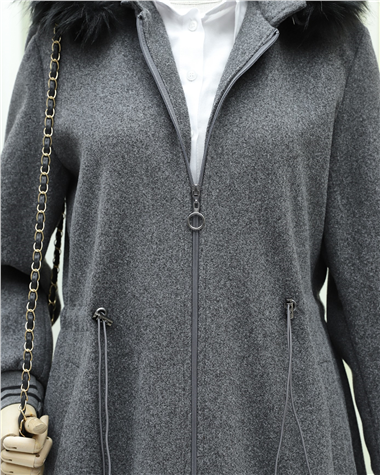 Kapşonlu Beli Lastikli Cepli Kaşe Kaban -Füme