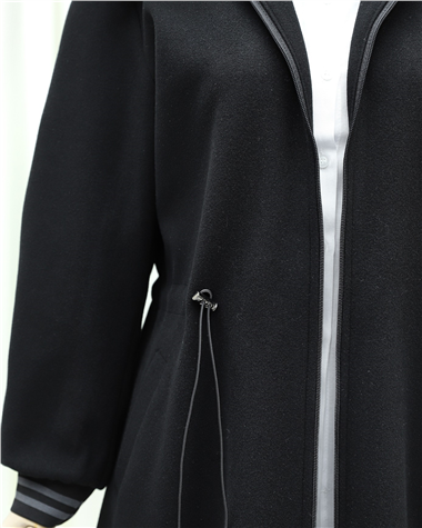 Kapşonlu Beli Lastikli Cepli Kaşe Kaban -Siyah