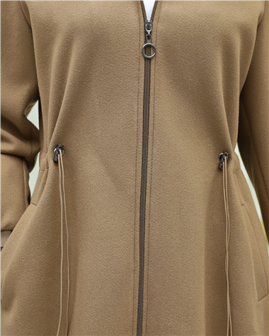 Kapşonlu Beli Lastikli Cepli Kaşe Kaban -Taba