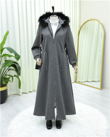 Kapşonlu Beli Lastikli Cepli Kaşe Kaban -Füme