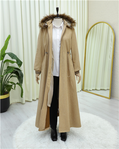 Kapşonlu Beli Lastikli Cepli Kaşe Kaban -Vizon