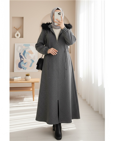 Kapşonlu Beli Lastikli Cepli Kaşe Kaban -Füme