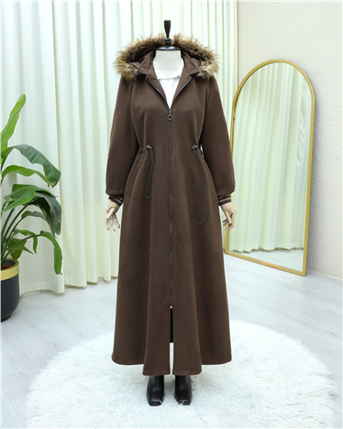 Kapşonlu Beli Lastikli Cepli Kaşe Kaban -Kahve