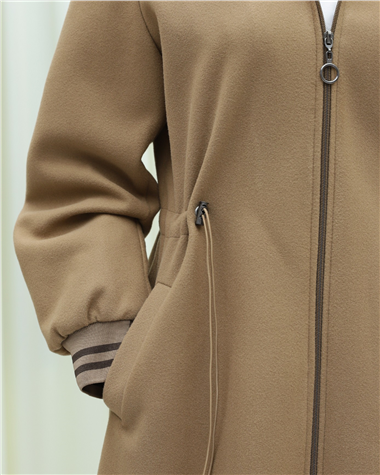 Kapşonlu Beli Lastikli Cepli Kaşe Kaban -Taba