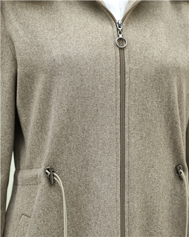 Kapşonlu Beli Lastikli Cepli Kaşe Kaban -Taş