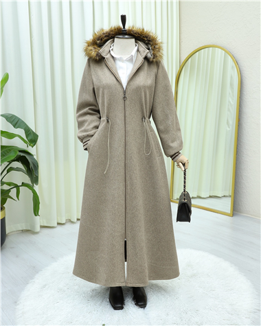 Kapşonlu Beli Lastikli Cepli Kaşe Kaban -Taş