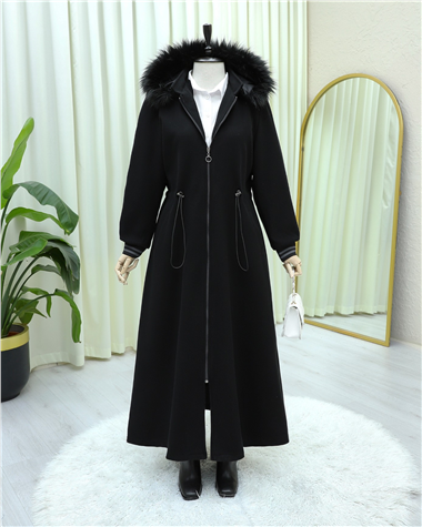 Kapşonlu Beli Lastikli Cepli Kaşe Kaban -Siyah