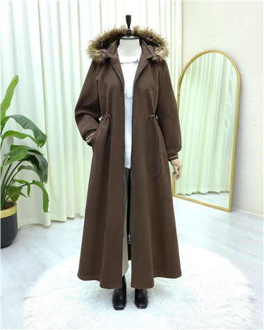 Kapşonlu Beli Lastikli Cepli Kaşe Kaban -Kahve