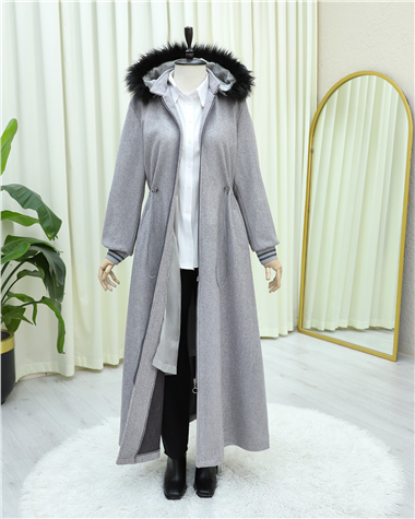 Kapşonlu Beli Lastikli Cepli Kaşe Kaban -Gri