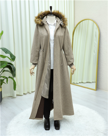 Kapşonlu Beli Lastikli Cepli Kaşe Kaban -Taş