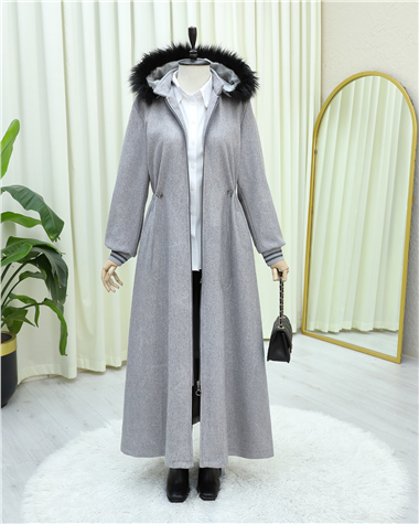 Kapşonlu Beli Lastikli Cepli Kaşe Kaban -Gri