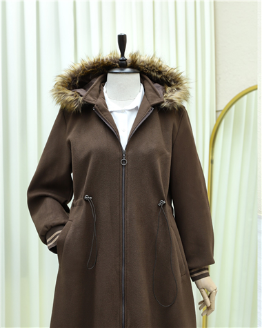 Kapşonlu Beli Lastikli Cepli Kaşe Kaban -Kahve