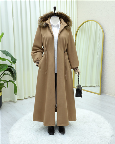 Kapşonlu Beli Lastikli Cepli Kaşe Kaban -Taba