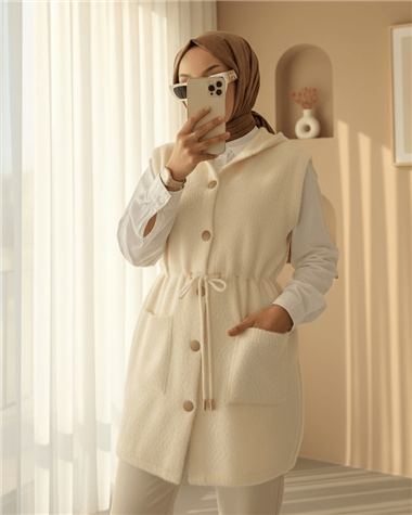 Kapşonlu Cepli Beli Bağlamalı Sakallı Yelek -Ekru