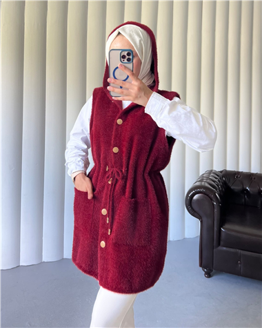 Kapşonlu Cepli Beli Bağlamalı Sakallı Yelek -Bordo