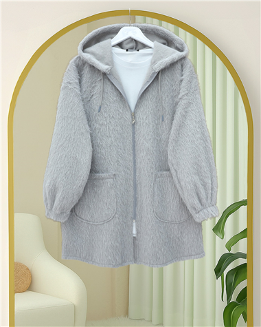 Kapşonlu Cepli Fermuarlı Sakallı Kap -Gri