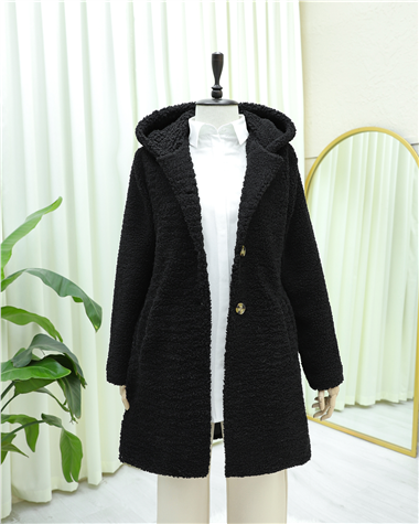 Kapşonlu Düğmeli Astarlı Peluş Kaban  -Siyah