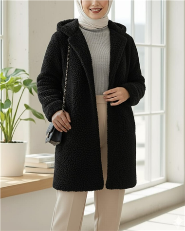 Kapşonlu Düğmeli Astarlı Peluş Kaban  -Siyah