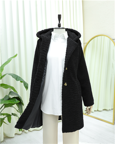 Kapşonlu Düğmeli Astarlı Peluş Kaban  -Siyah