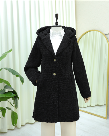 Kapşonlu Düğmeli Astarlı Peluş Kaban  -Siyah