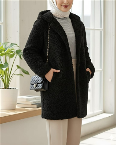 Kapşonlu Düğmeli Astarlı Peluş Kaban  -Siyah