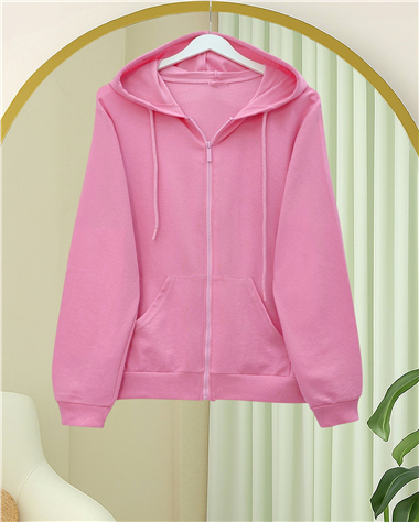 Kapşonlu Fermuarlı Cepli Penye Sweat  -Pembe