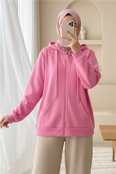 Kapşonlu Fermuarlı Cepli Penye Sweat  -Pembe