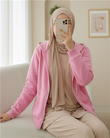 Kapşonlu Fermuarlı Cepli Penye Sweat  -Pembe