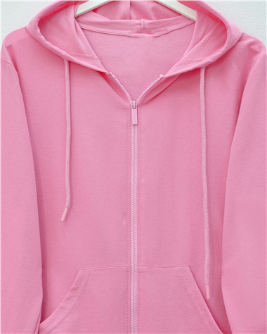 Kapşonlu Fermuarlı Cepli Penye Sweat  -Pembe