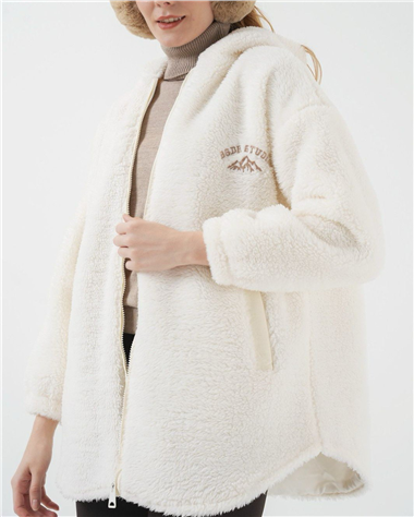 Kapşonlu Fermuarlı Kanguru Cepli Peluş Mont -Ekru