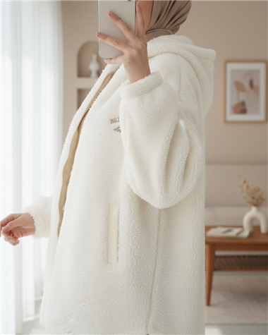 Kapşonlu Fermuarlı Kanguru Cepli Peluş Mont -Ekru