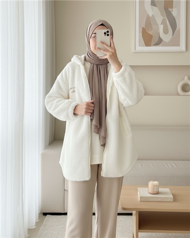 Kapşonlu Fermuarlı Kanguru Cepli Peluş Mont -Ekru