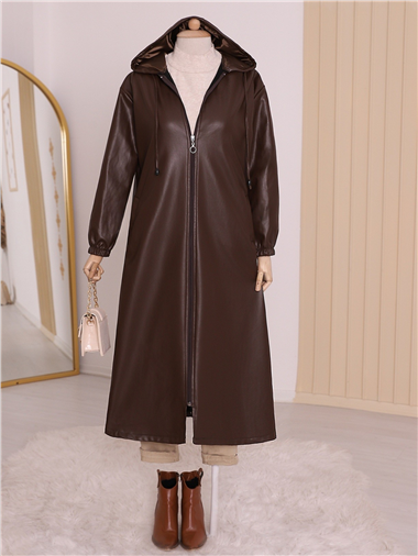 Kapşonlu Fermuarlı Kolları Lastikli Deri Kap   -Kahve