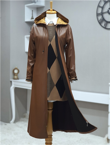 Kapşonlu Fermuarlı Kolları Lastikli Deri Kap -Taba