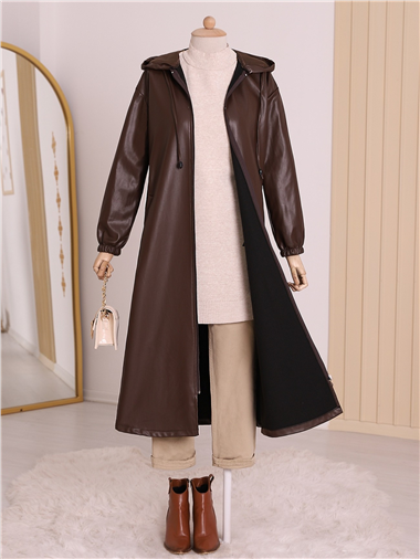 Kapşonlu Fermuarlı Kolları Lastikli Deri Kap   -Kahve