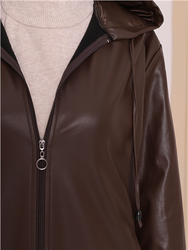 Kapşonlu Fermuarlı Kolları Lastikli Deri Kap   -Kahve