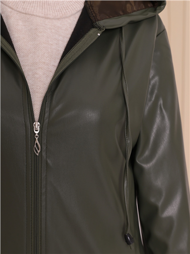 Kapşonlu Fermuarlı Kolları Lastikli Deri Kap   -Haki