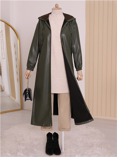 Kapşonlu Fermuarlı Kolları Lastikli Deri Kap   -Haki