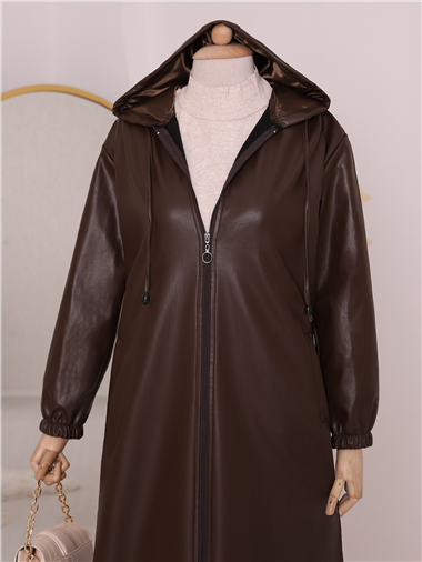 Kapşonlu Fermuarlı Kolları Lastikli Deri Kap   -Kahve