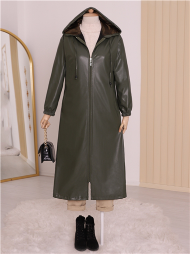 Kapşonlu Fermuarlı Kolları Lastikli Deri Kap   -Haki