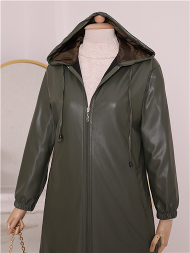 Kapşonlu Fermuarlı Kolları Lastikli Deri Kap   -Haki