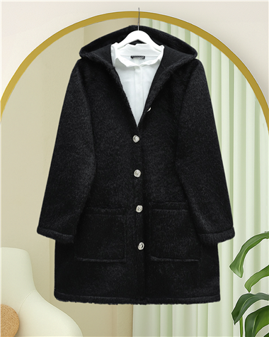 Kapşonlu Gold Düğmeli Cepli Sakallı Kap -Siyah