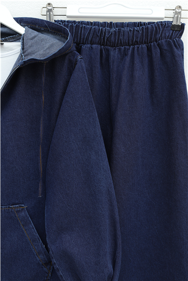 Kapşonlu Önü Fermuarlı Kolu Lastikli Cepli Kot Takım   -Koyu Mavi