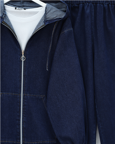 Kapşonlu Önü Fermuarlı Kolu Lastikli Cepli Kot Takım  -Laci