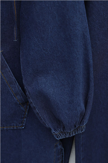 Kapşonlu Önü Fermuarlı Kolu Lastikli Cepli Kot Takım   -Koyu Mavi