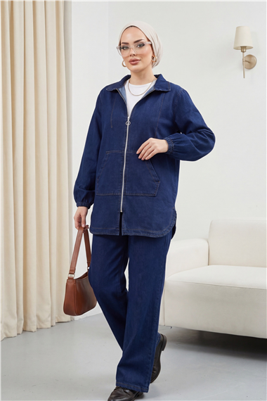 Kapşonlu Önü Fermuarlı Kolu Lastikli Cepli Kot Takım   -Koyu Mavi