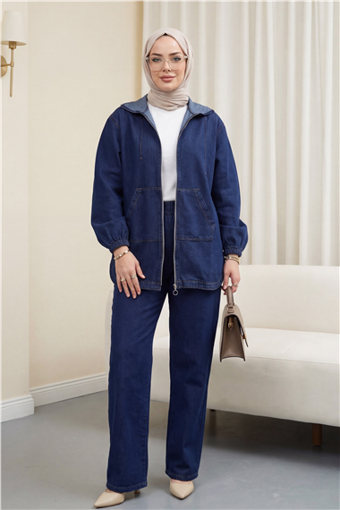 Kapşonlu Önü Fermuarlı Kolu Lastikli Cepli Kot Takım   -Koyu Mavi