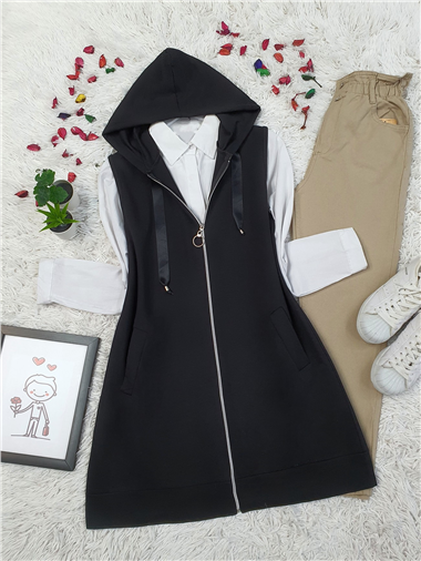 Kapşonlu Penye Yelek -Siyah